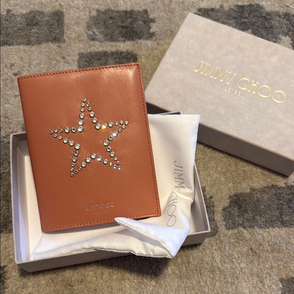Jimmy Choo Tan Leather Key Card Holder with Star Studs
